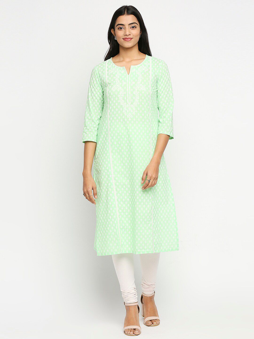 Ethnicity Green & White Ethnic Motifs Printed Pure Cotton Panelled Kurti Price in India