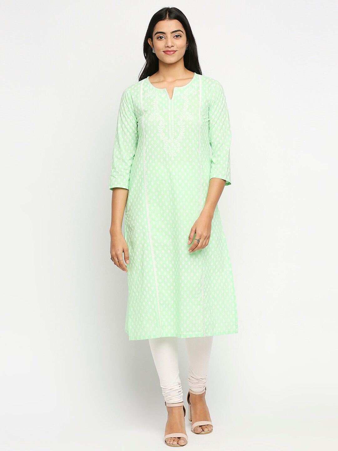 Ethnicity Green & White Ethnic Motifs Printed Pure Cotton Panelled Kurti