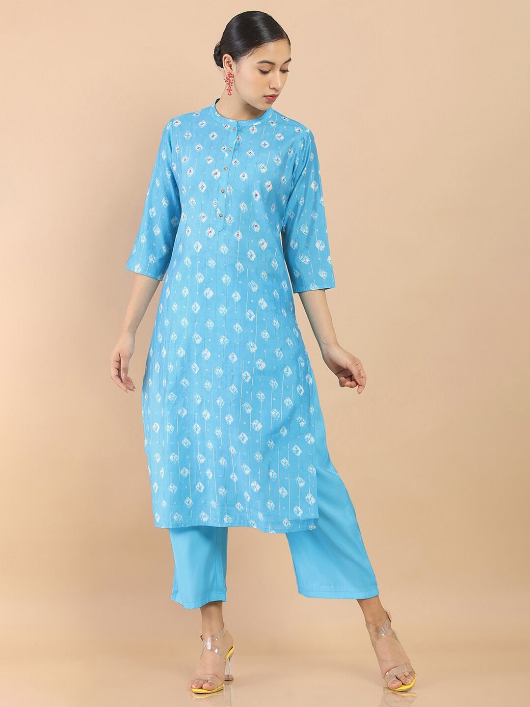 Soch Women Turquoise Blue Chanderi Bandhani Screen Printed Kurta Set Price in India