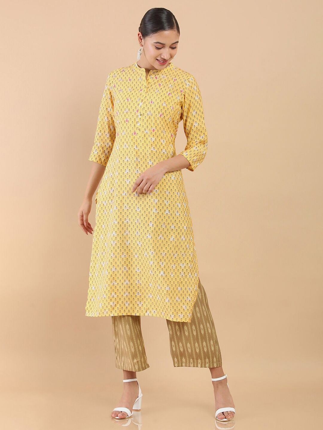 Soch Women Yellow Printed Chanderi Kurta with Palazzos Price in India