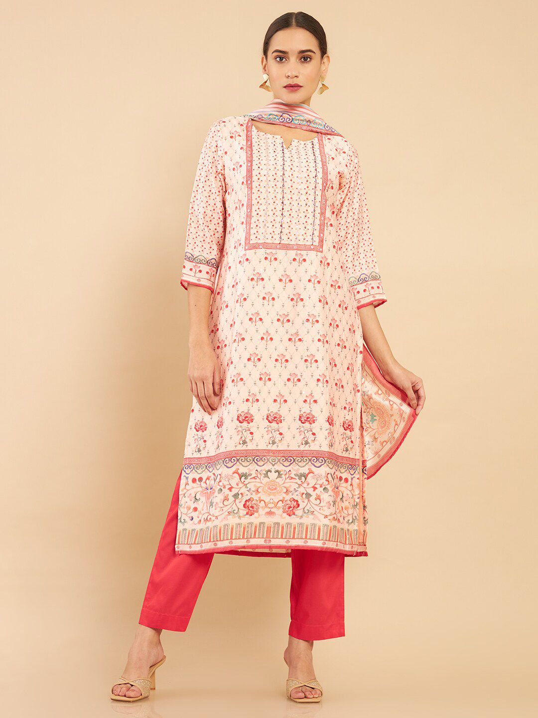 Soch Women Pink Ethnic Motifs Thread Work Chanderi Silk Kurta with Trousers & Dupatta Price in India