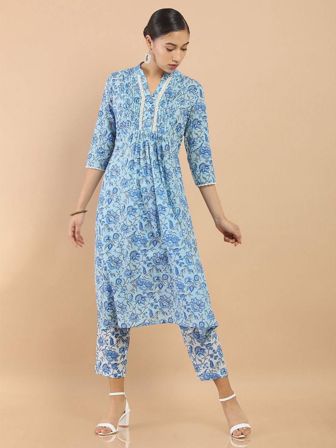 Soch Women Blue Floral Printed Empire Cotton Kurta with Trousers Price in India