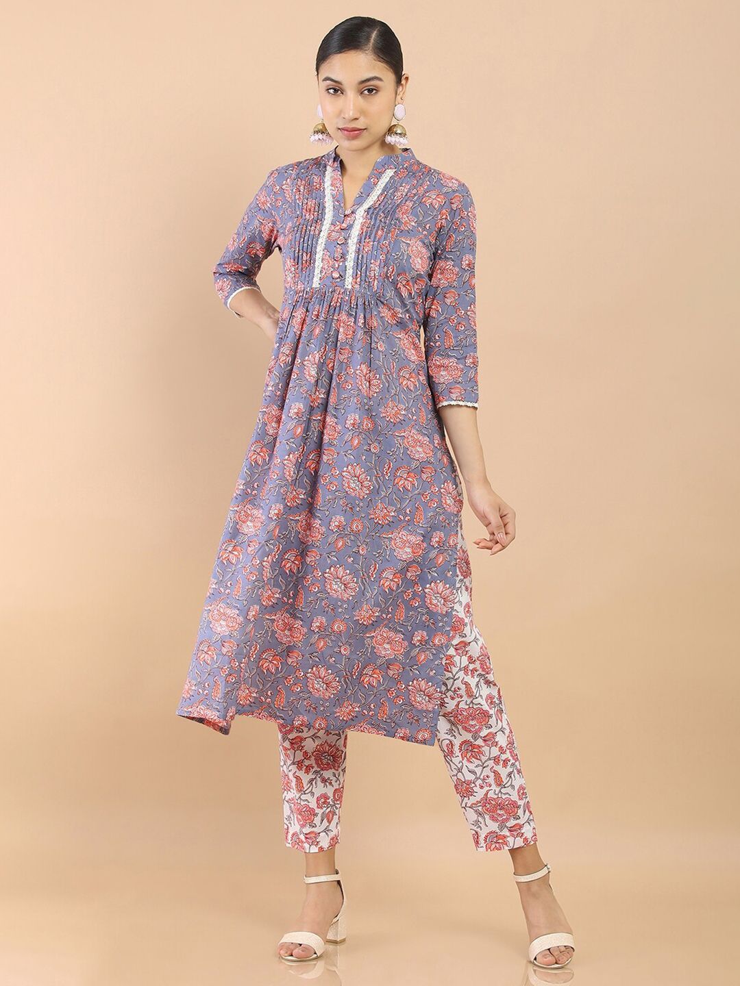 Soch Women Grey Floral Printed Pleated Pure Cotton Kurta with Trousers Price in India