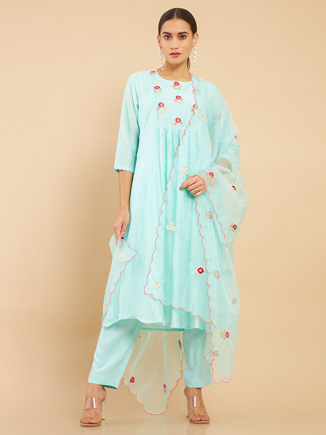 Soch Women Blue Floral Embroidered Chanderi Angrakha Kurta with Trousers & With Dupatta Price in India