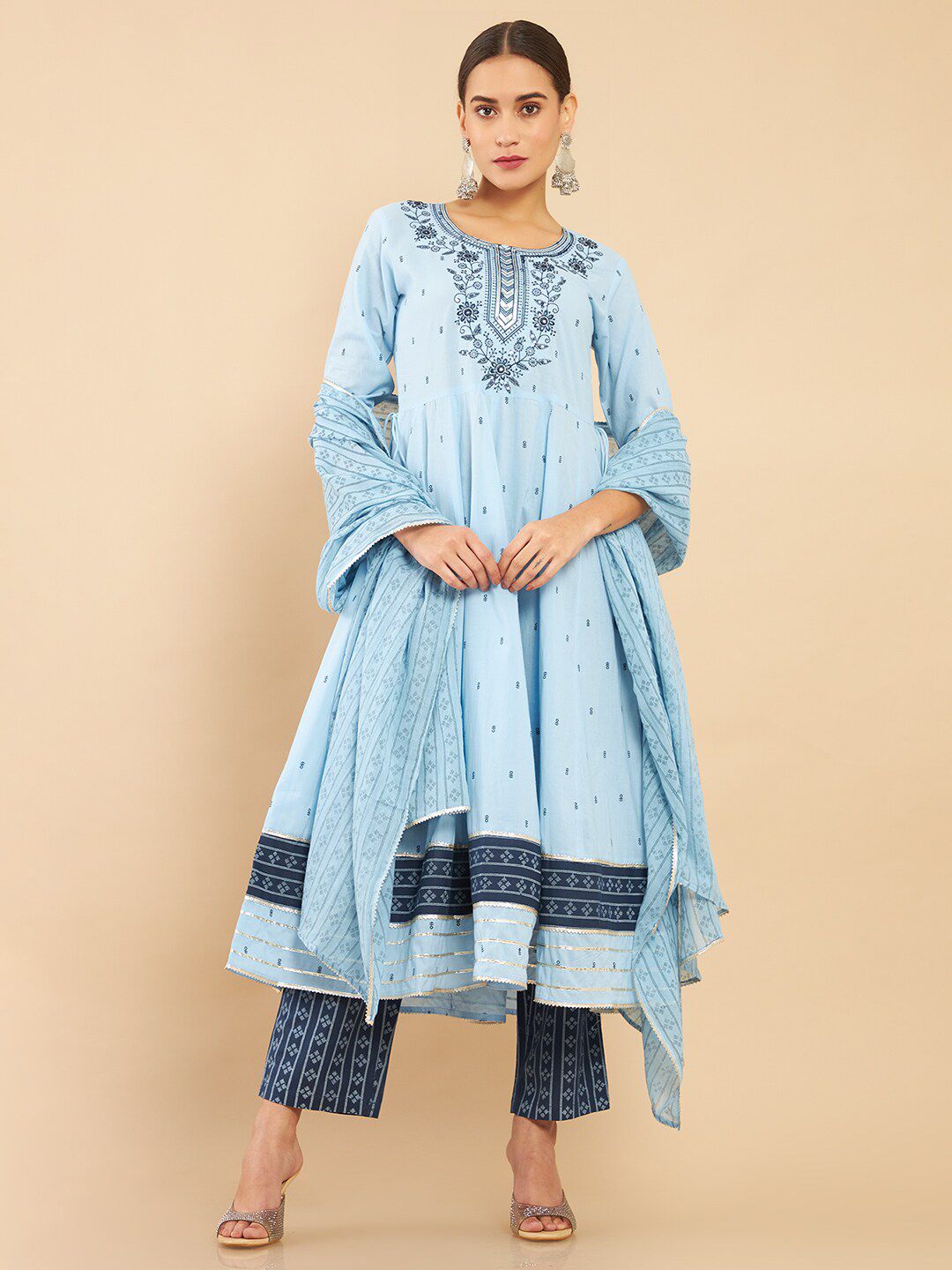 Soch Women Powder Blue Ethnic Motifs Yoke Design Empire Gotta Patti Pure Cotton Kurta Set Price in India