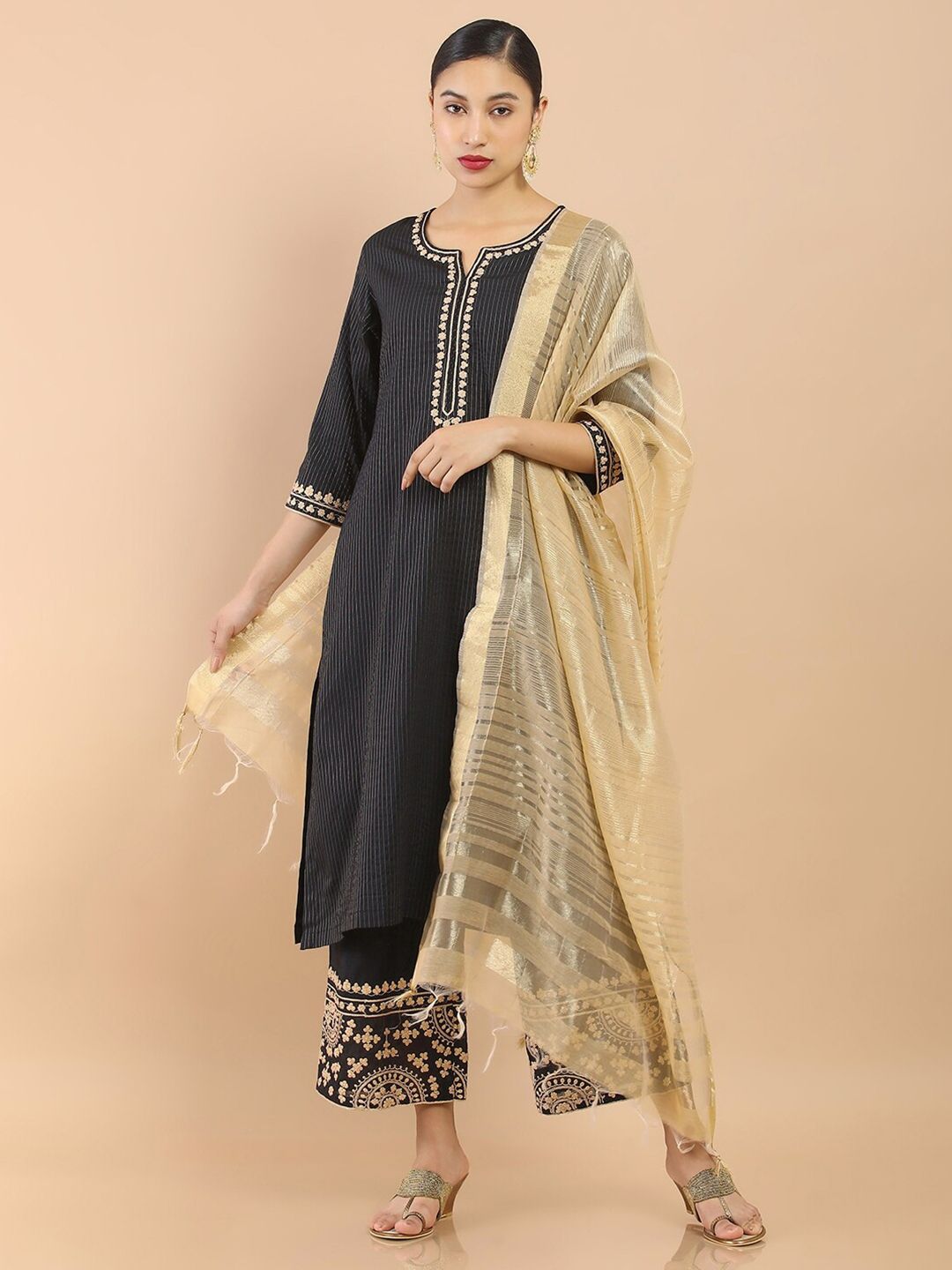 Soch Women Black Striped Ethnic Motifs Embroidered Chanderi Kurta Set With Dupatta Price in India