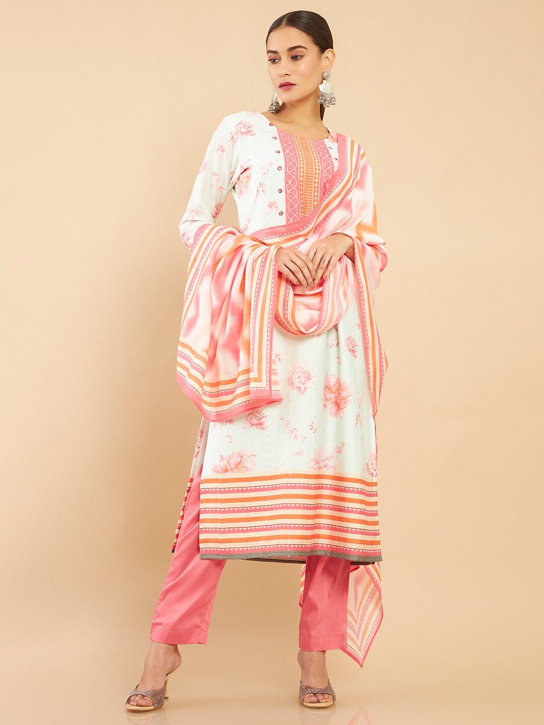 Soch Women Pink & Green Printed Chanderi Kurta with Churidar & Dupatta Price in India