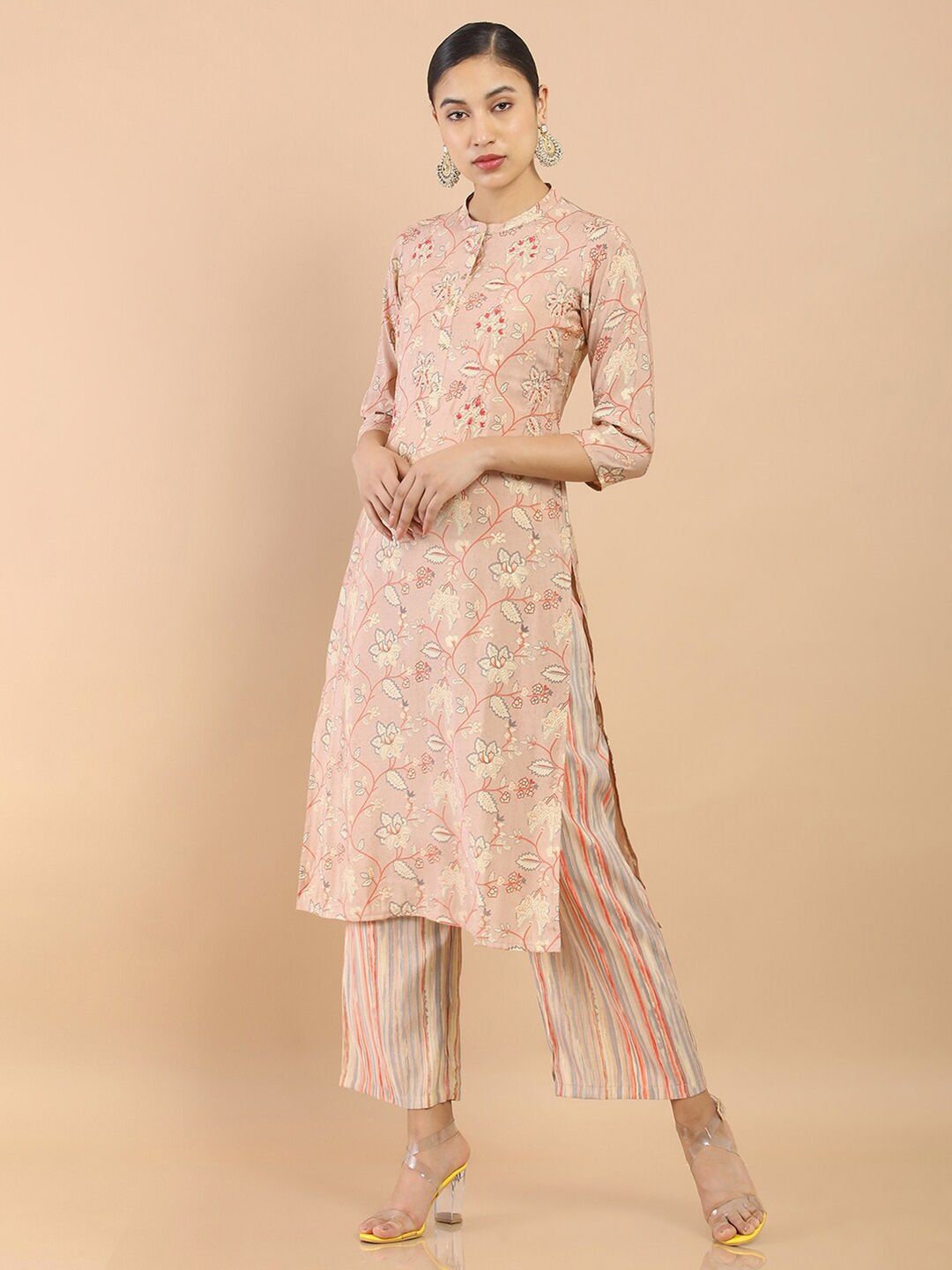 Soch Women Pink Chanderi Botanical Printed Kurta with Trousers Price in India