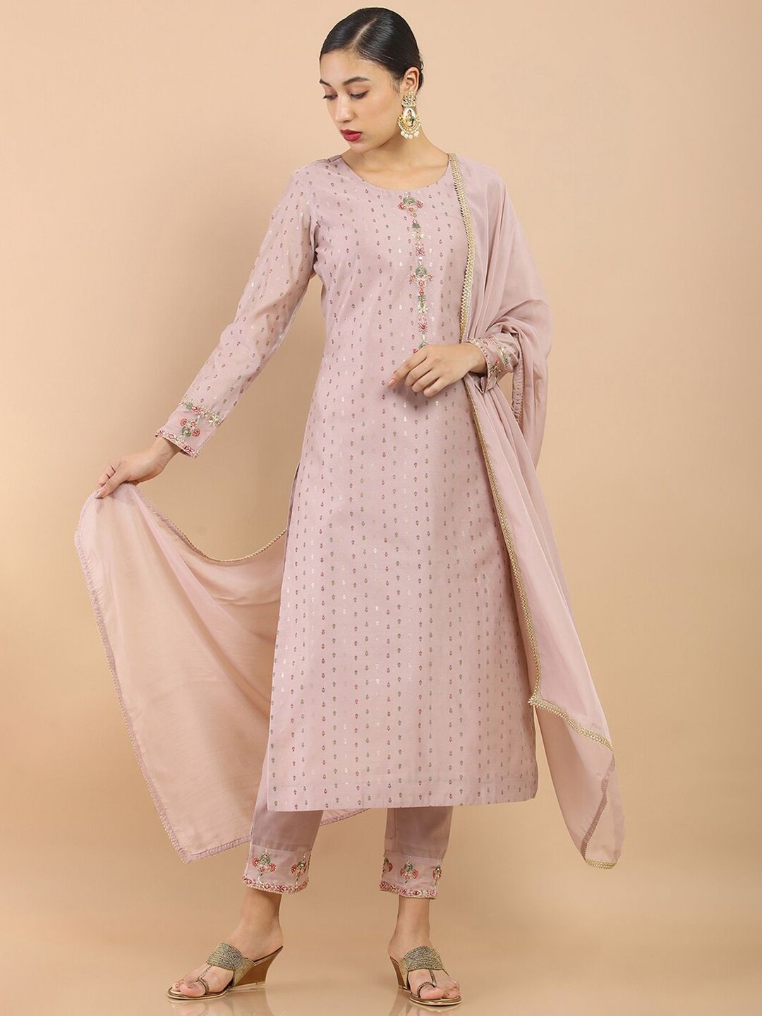 Soch Women Pink Embroidered Chanderi Kurta With Trousers & Dupatta Price in India