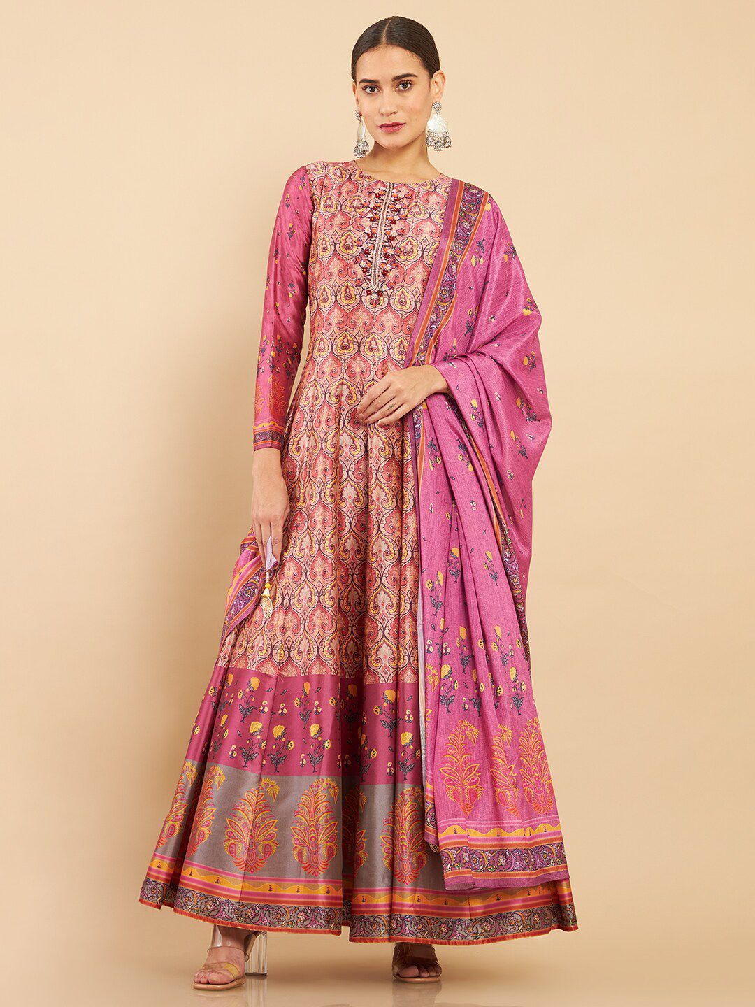 Soch Women Pink Ethnic Motifs Printed Empire Beads and Stones Silk Gown With Dupatta Price in India