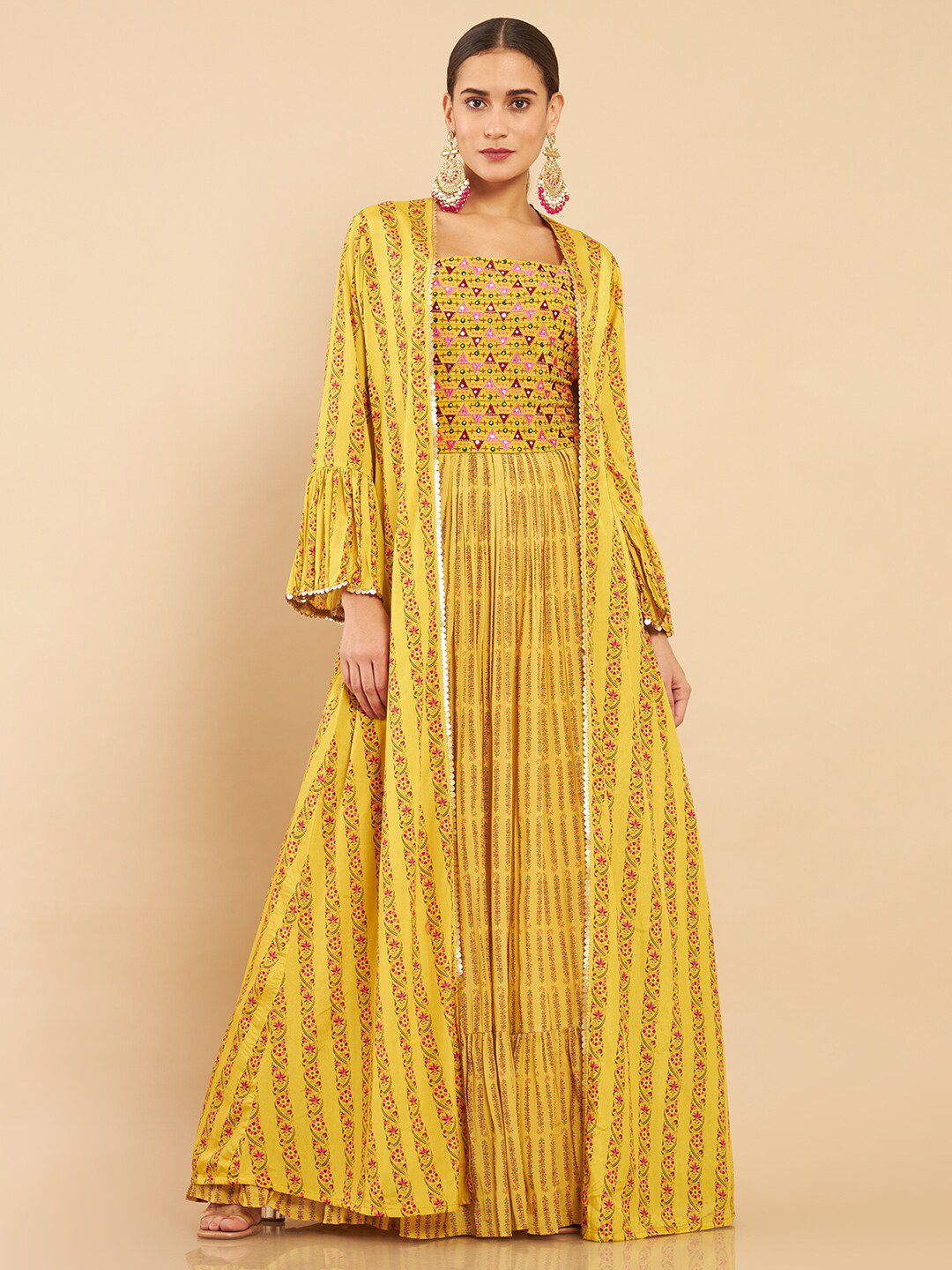 Soch Women Yellow Printed Thread Work Jacket Style Art Silk Kurta with Churidar Price in India