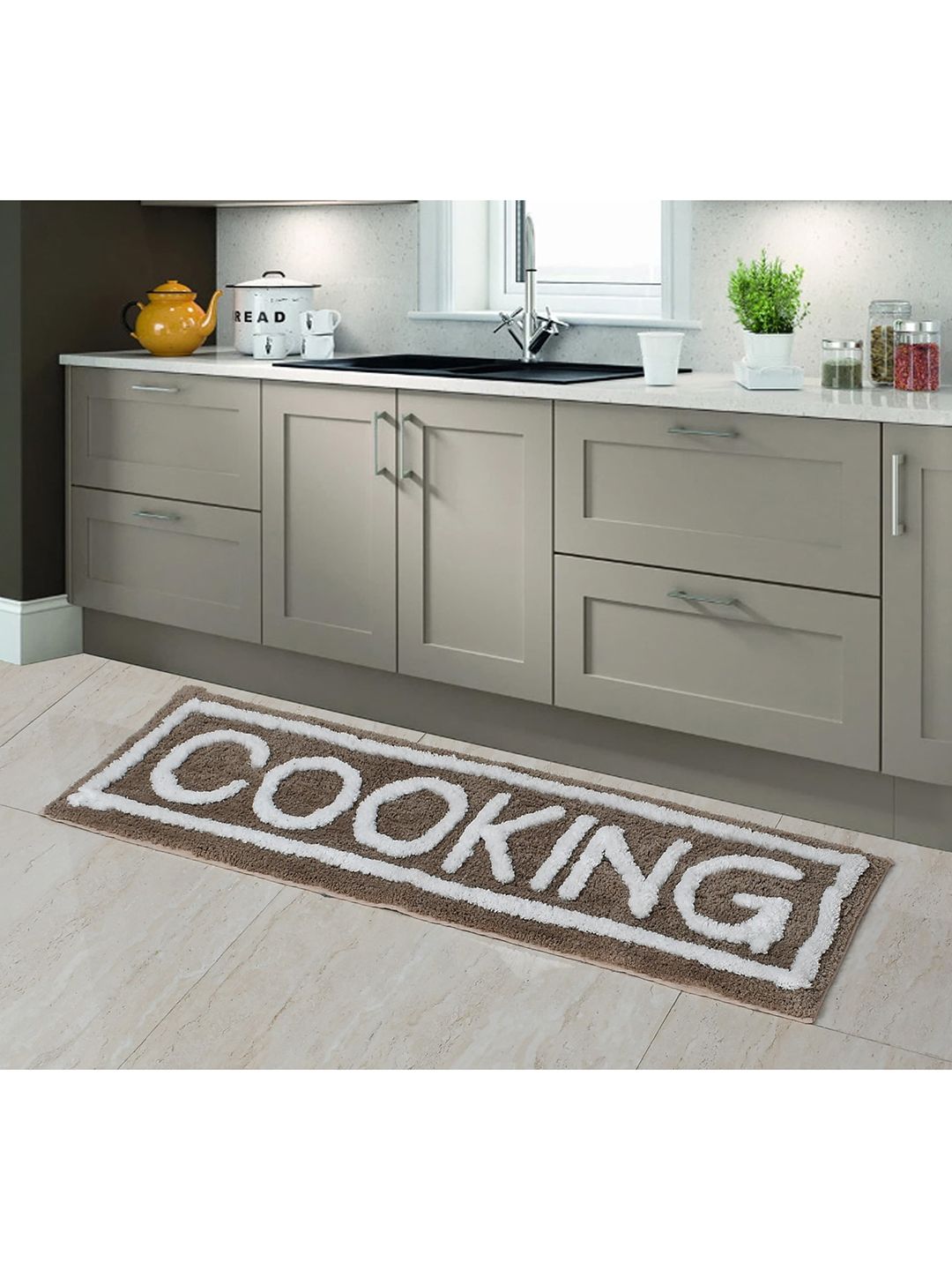 AEROHAVEN Taupe & White Quirky Anti Slip Kitchen Runner Price in India