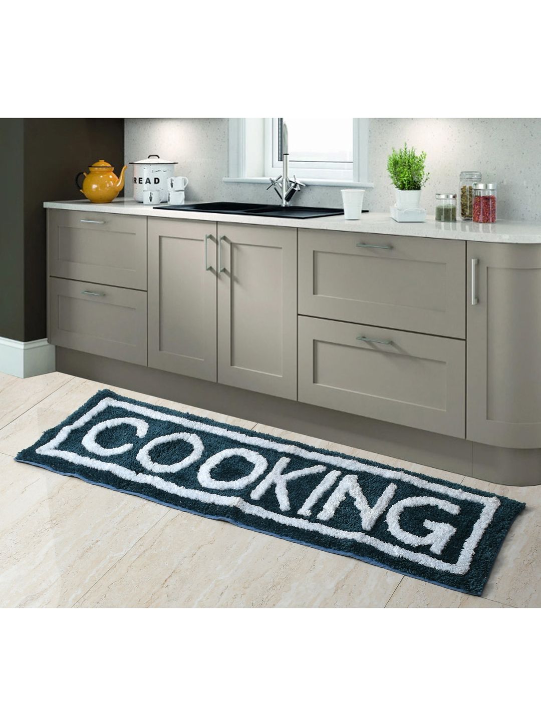 AEROHAVEN Teal & White Quirky 1850 GSM Anti Slip Kitchen Runner Price in India