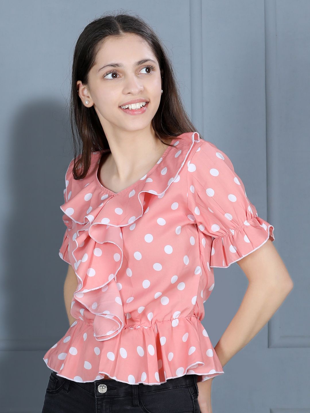 Cutiekins Girls Peach-Coloured Polka Dots Print Ruffles Crepe Peplum Top