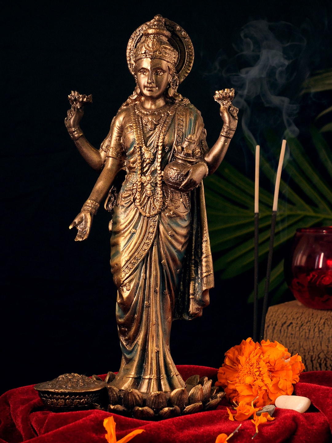 TIED RIBBONS Gold-toned Standing Laxmi On Lotus Idol Statue Murti Decorative Showpiece Price in India