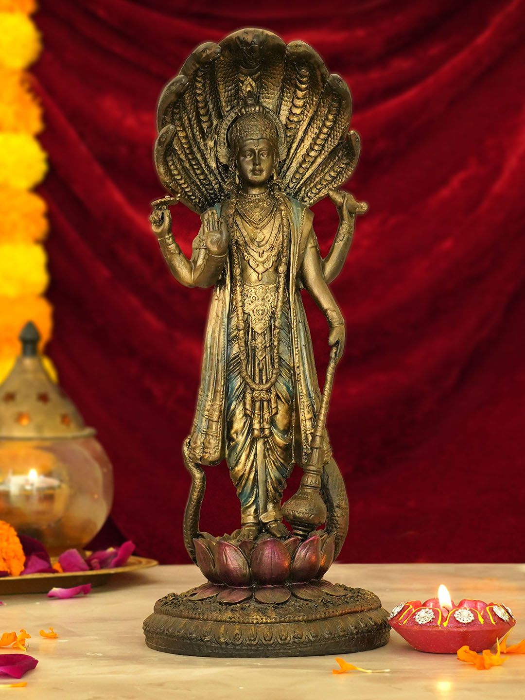 TIED RIBBONS Copper-Toned Standing Lord Vishnu On Lotus Decorative Showpiece Price in India