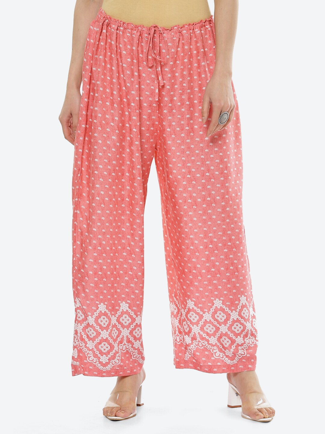 Biba Women Peach-Coloured & White Floral Printed Flared Ethnic Palazzos Price in India