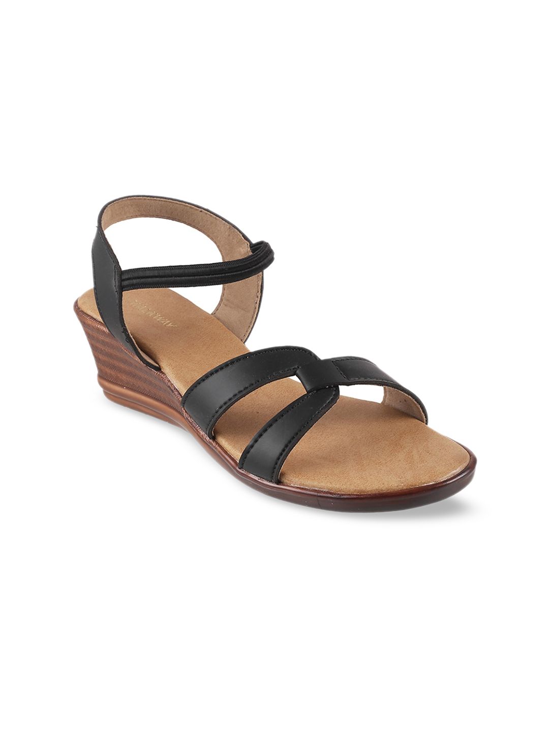 WALKWAY by Metro Black Textured Wedge Heels with Backstrap Price in India