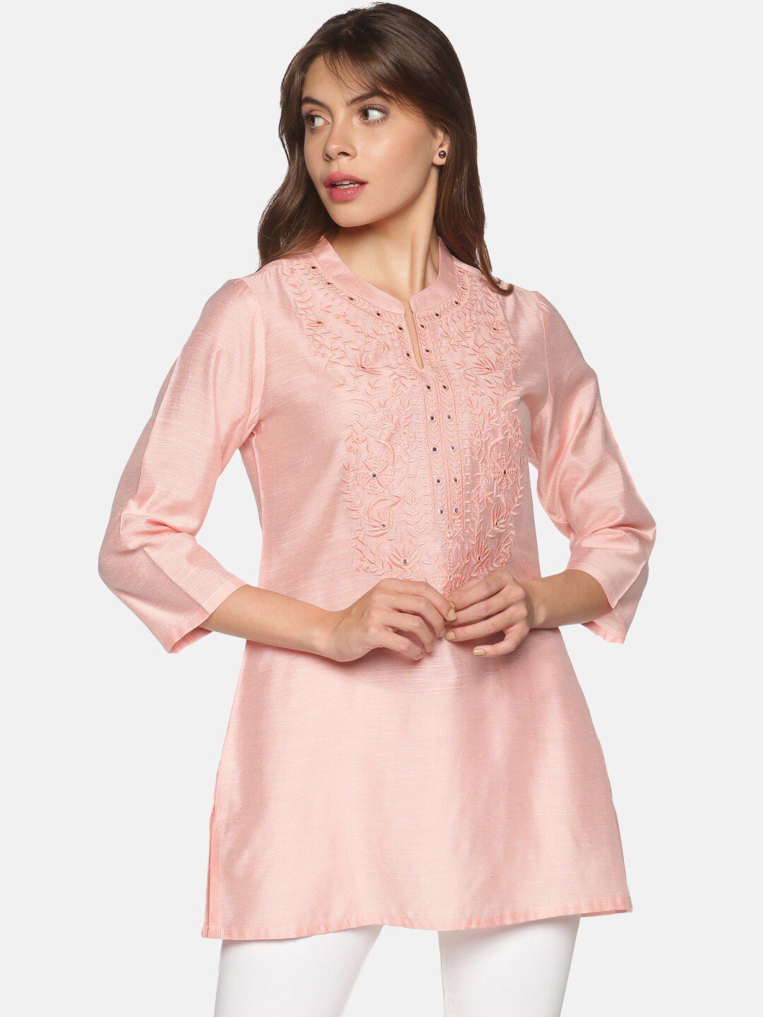 Saffron Threads Pink Viscose Rayon Mandarin Collar Embroidered Tunic Price in India