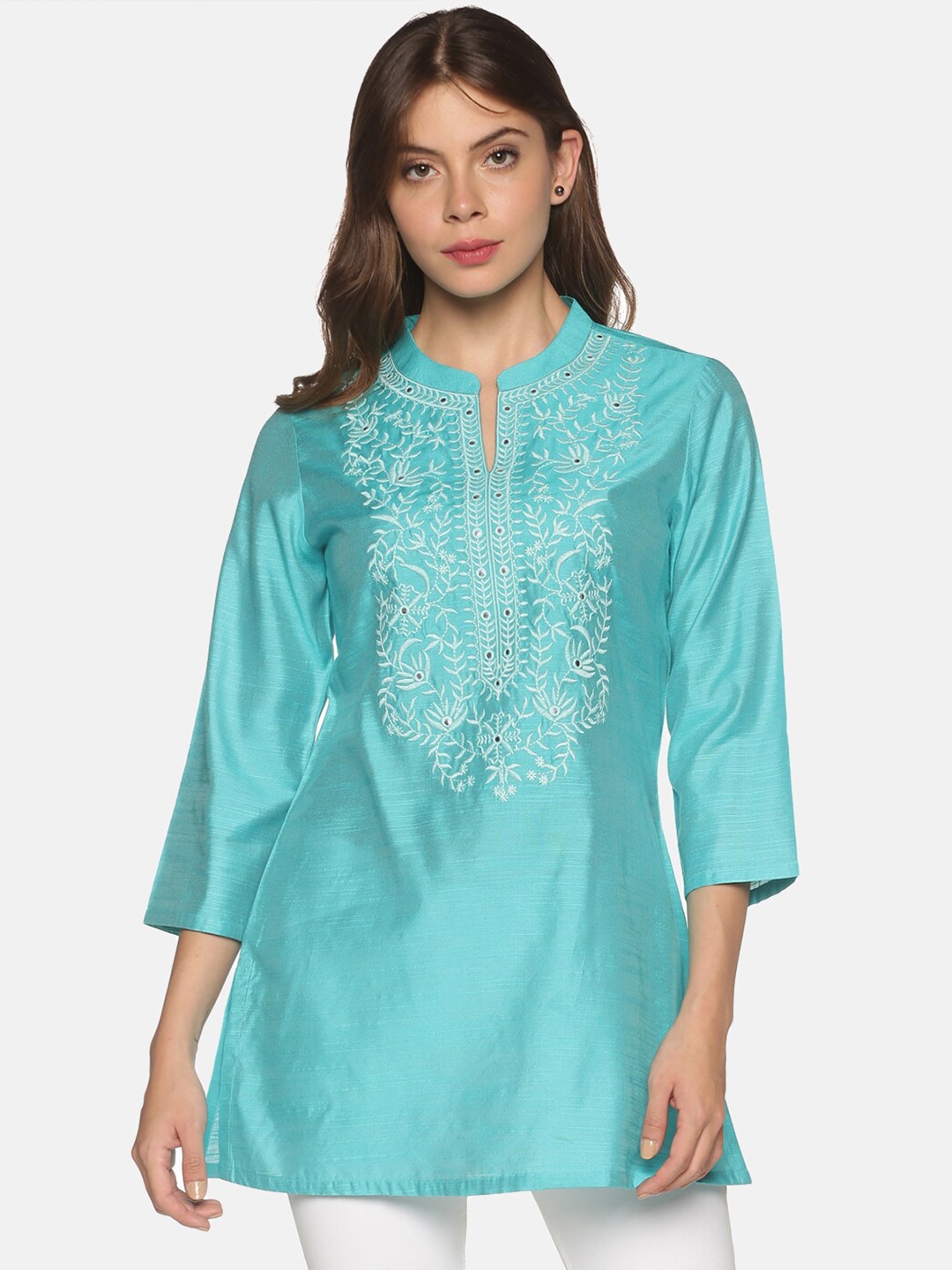 Saffron Threads Women Turquoise Blue Embroidered Tunic Price in India