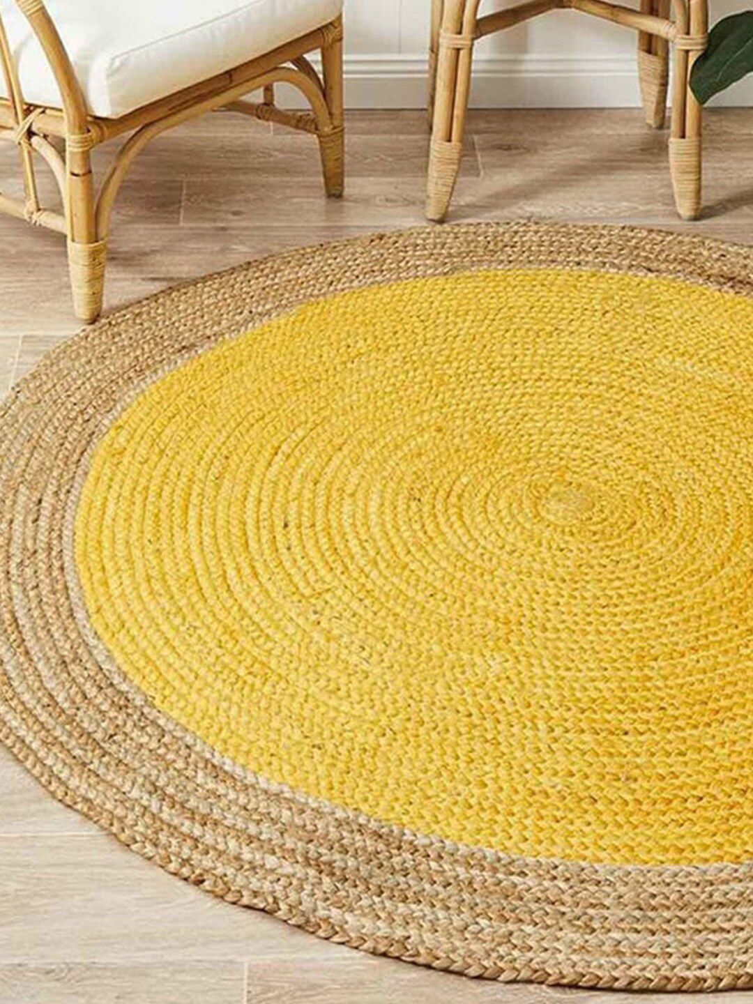 HABERE INDIA Yellow & Beige Braided Round Jute Carpet Price in India