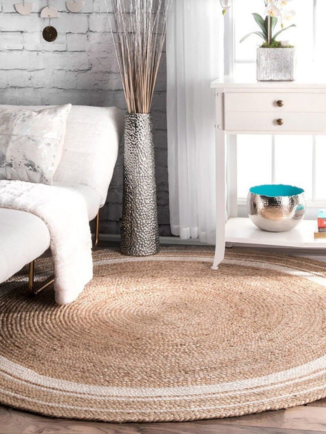 HABERE INDIA Beige Round Shaped Eco-Friendly Braided Jute Carpet Price in India