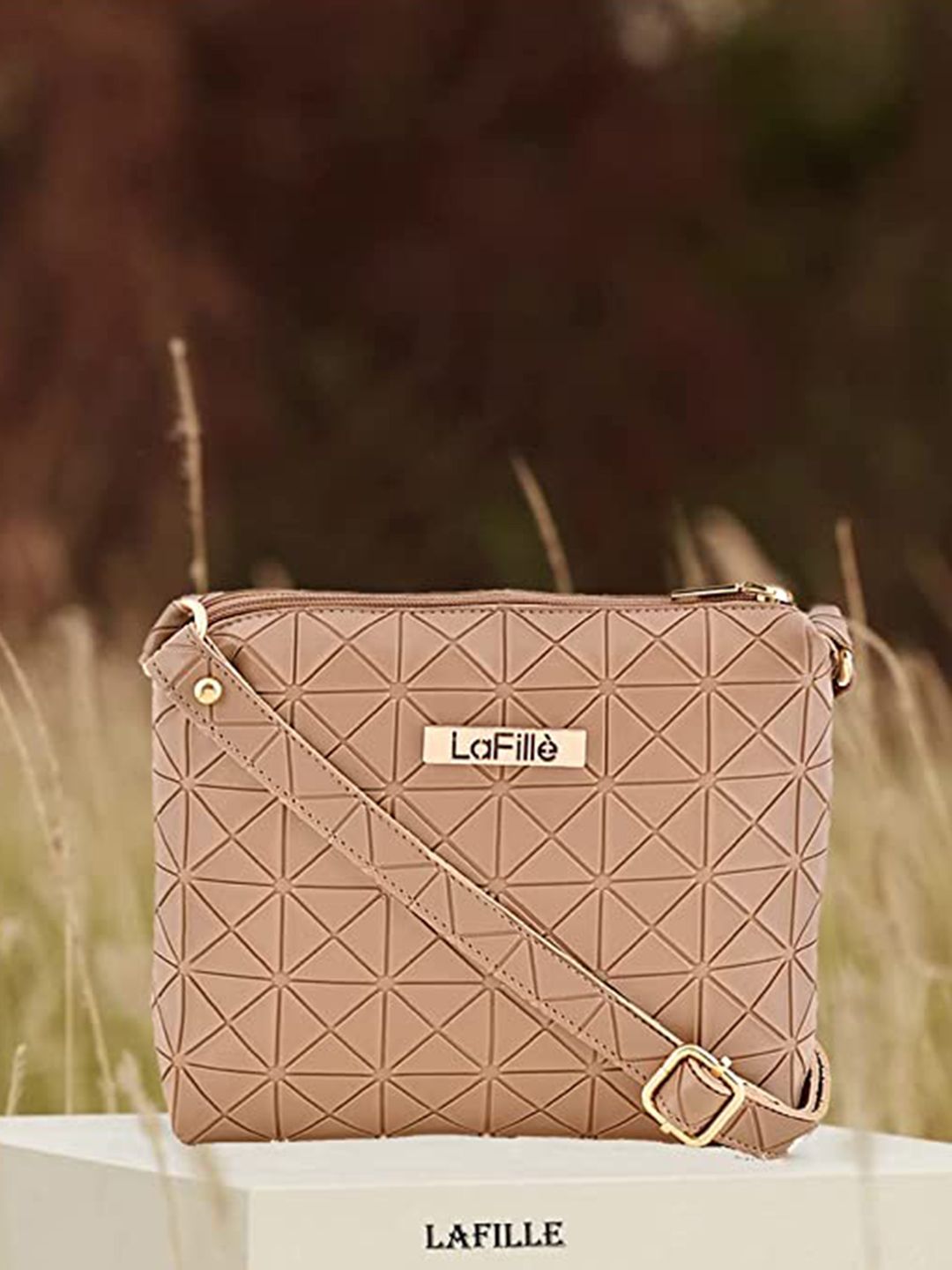 LaFille Beige Textured PU Structured Sling Bag Price in India
