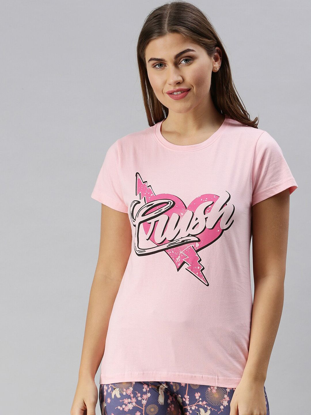 Kryptic Women Pink & Black Printed Pure Cotton Lounge T-shirt Price in India