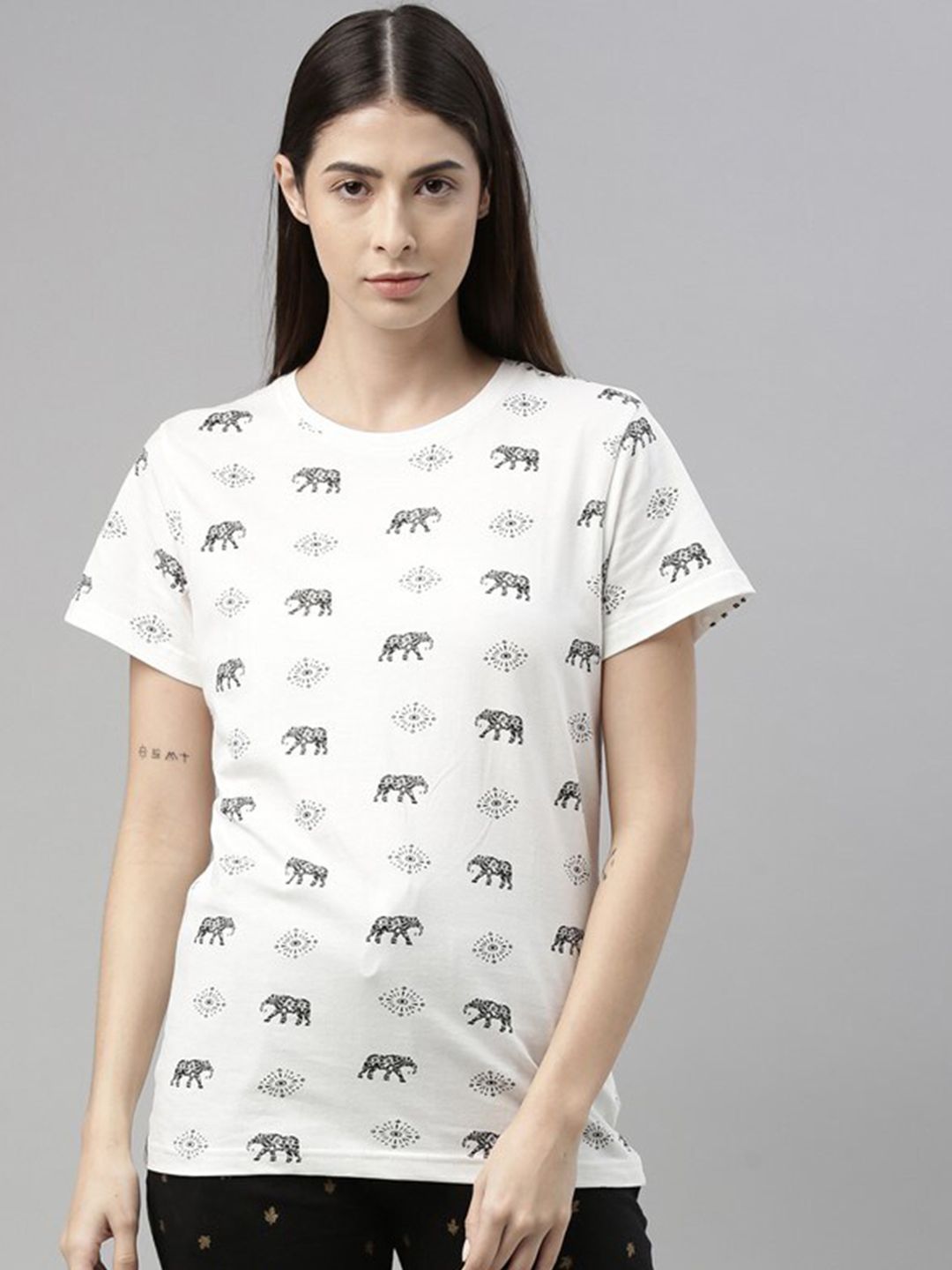 Kryptic Women Off White & Grey Printed Pure Cotton Lounge T-shirt Price in India