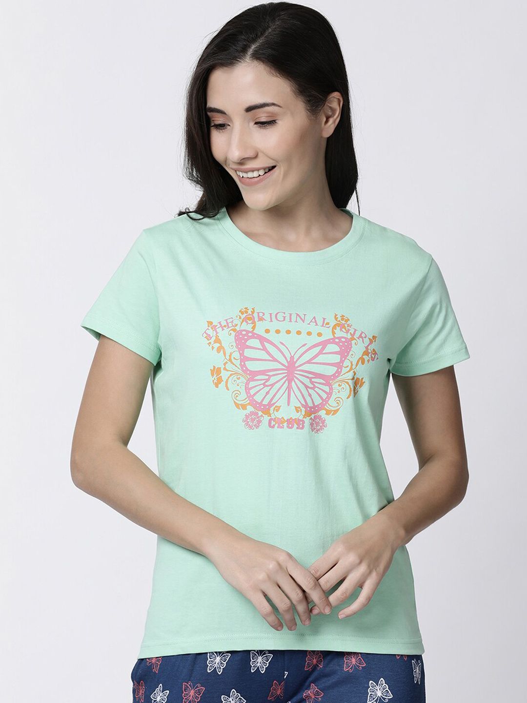 Kryptic Women Green Printed Pure Cotton Lounge T-shirt Price in India