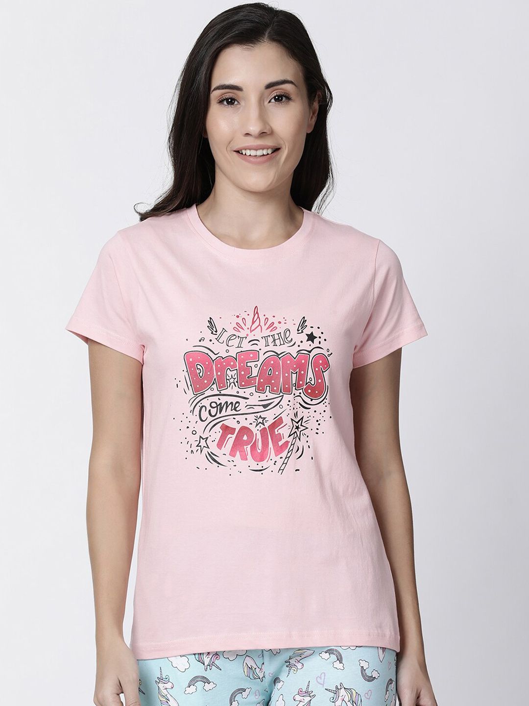 Kryptic Women Pink Printed Pure Cotton Lounge T- Shirt Price in India