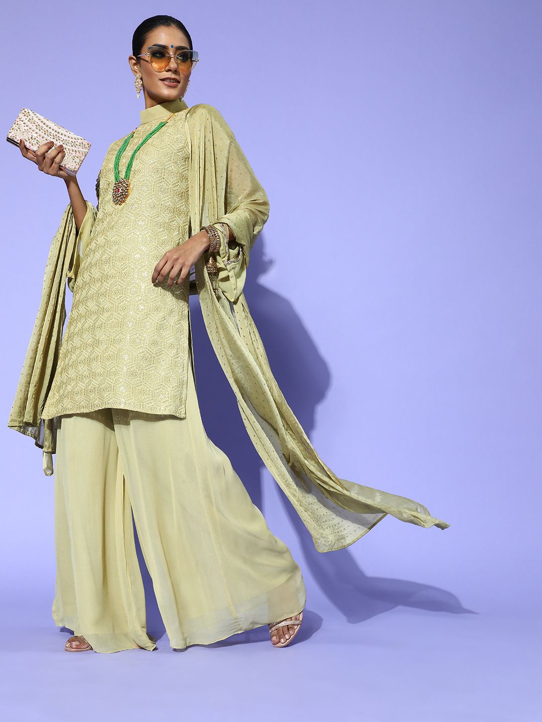 Saadgi Lovely Olive Silk Georgette Scalloped Edge Dress Material Price in India