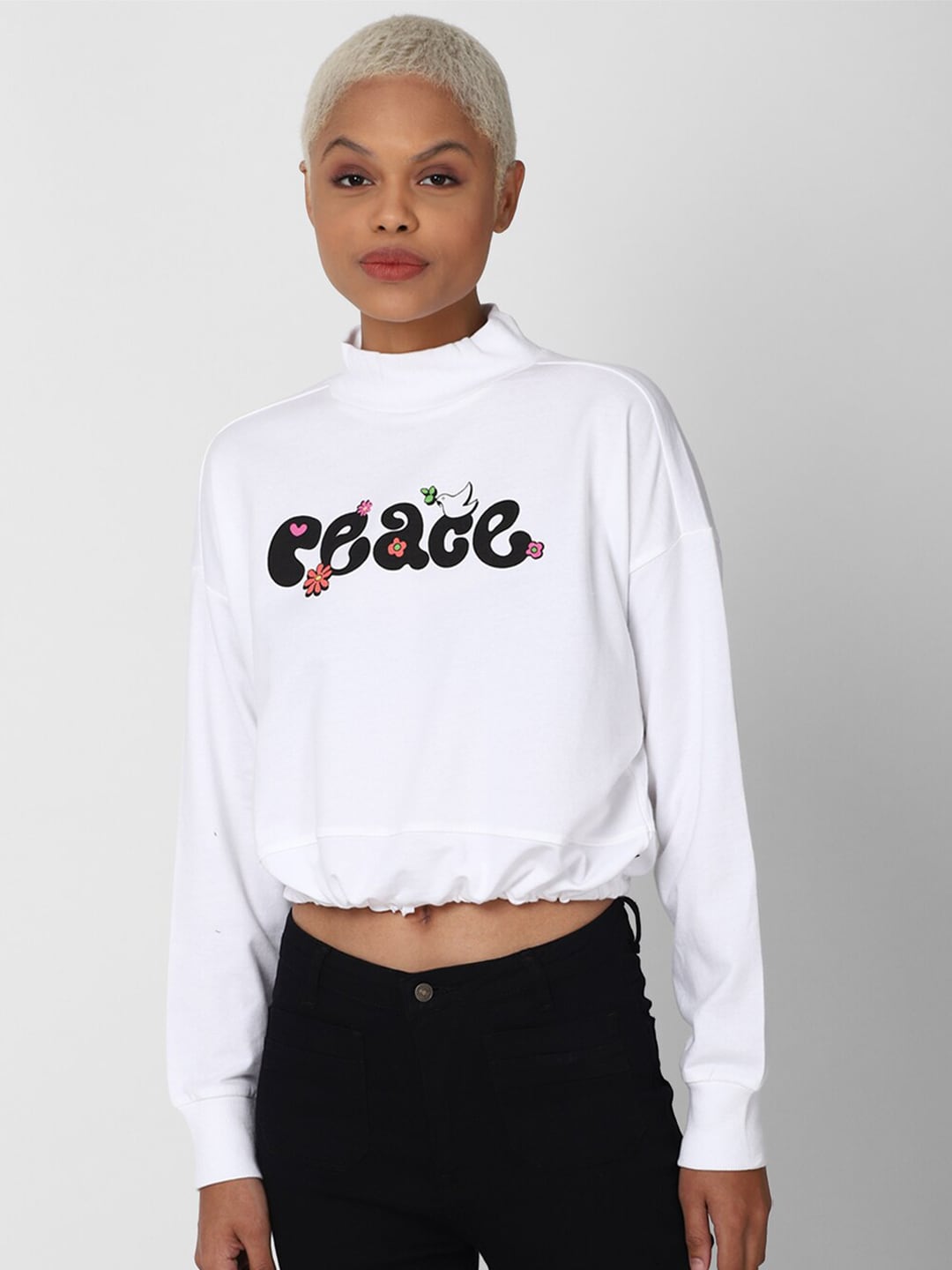 FOREVER 21 Women White Printed Cropped Sweatshirt Price in India