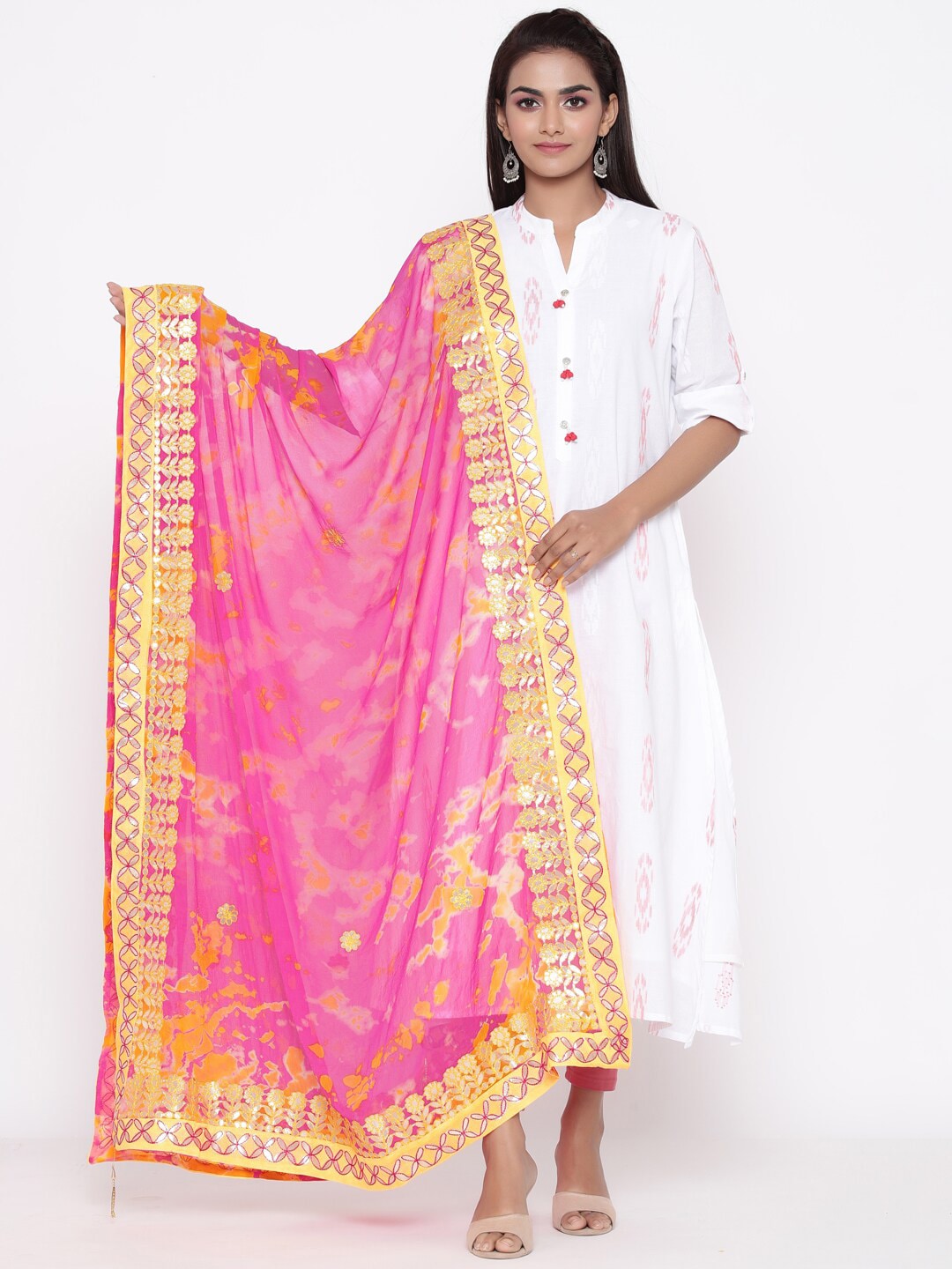 SOUNDARYA Pink & Yellow Tie and Dye Dupatta with Gotta Patti Price in India