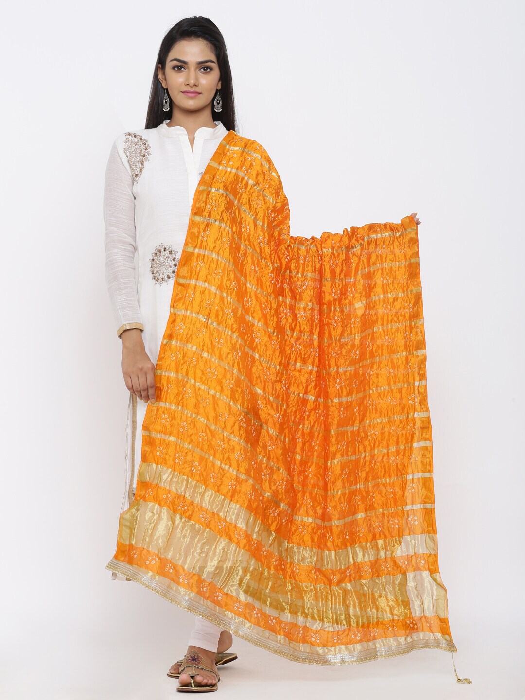 SOUNDARYA Orange & Gold-Toned Dyed Art Silk Bandhani Dupatta with Gotta Patti Price in India