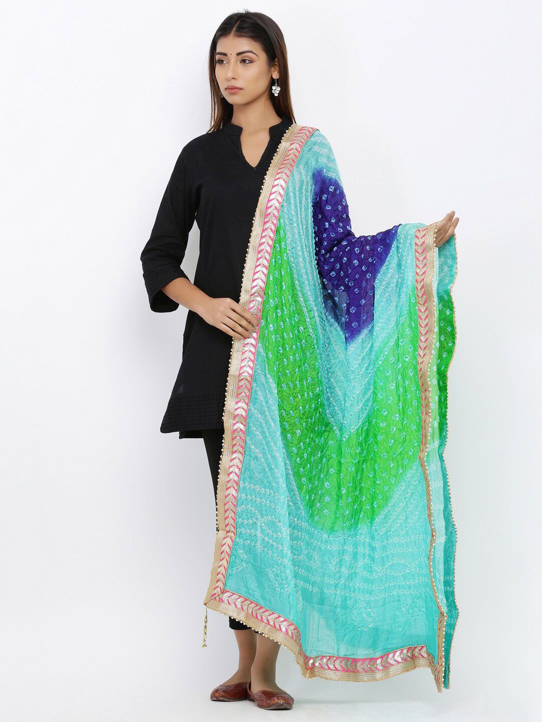 SOUNDARYA Blue & Green Dyed Art Silk Bandhani Dupatta with Gotta Patti Price in India