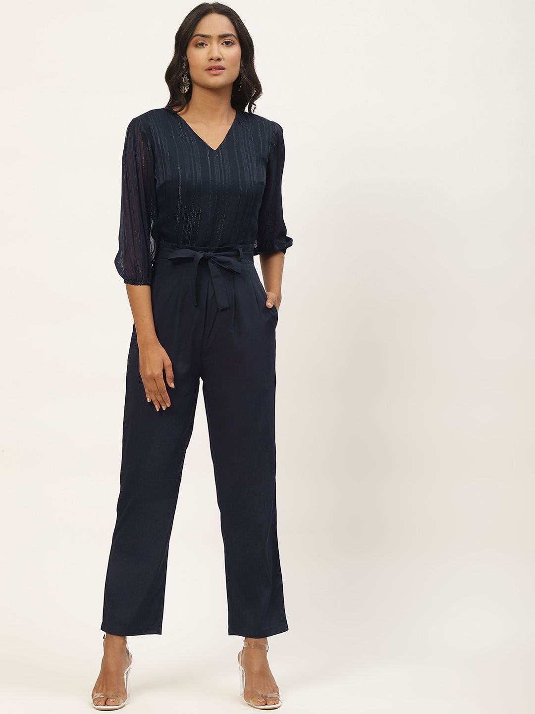 Magnetic Designs Navy Blue Self Stripe Basic Jumpsuit Price in India