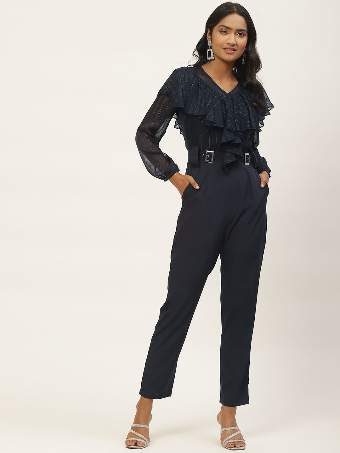 Magnetic Designs Navy Blue Self Strip Basic Jumpsuit with Ruffles Detail Price in India