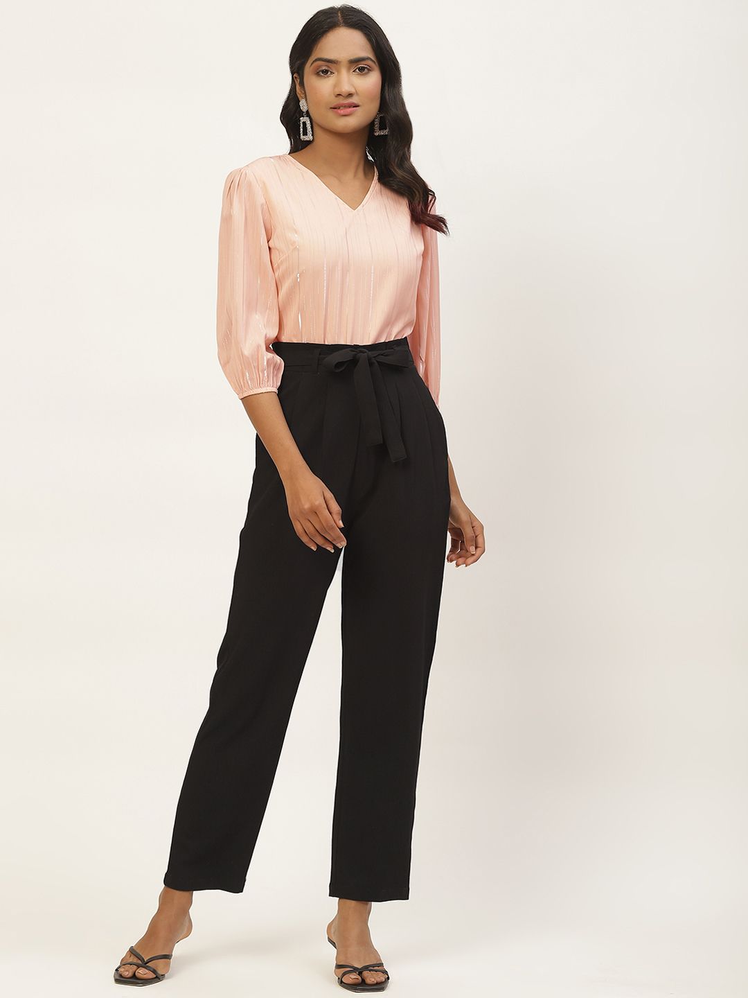 Magnetic Designs Pink & Black Self Stripe Basic Jumpsuit Price in India