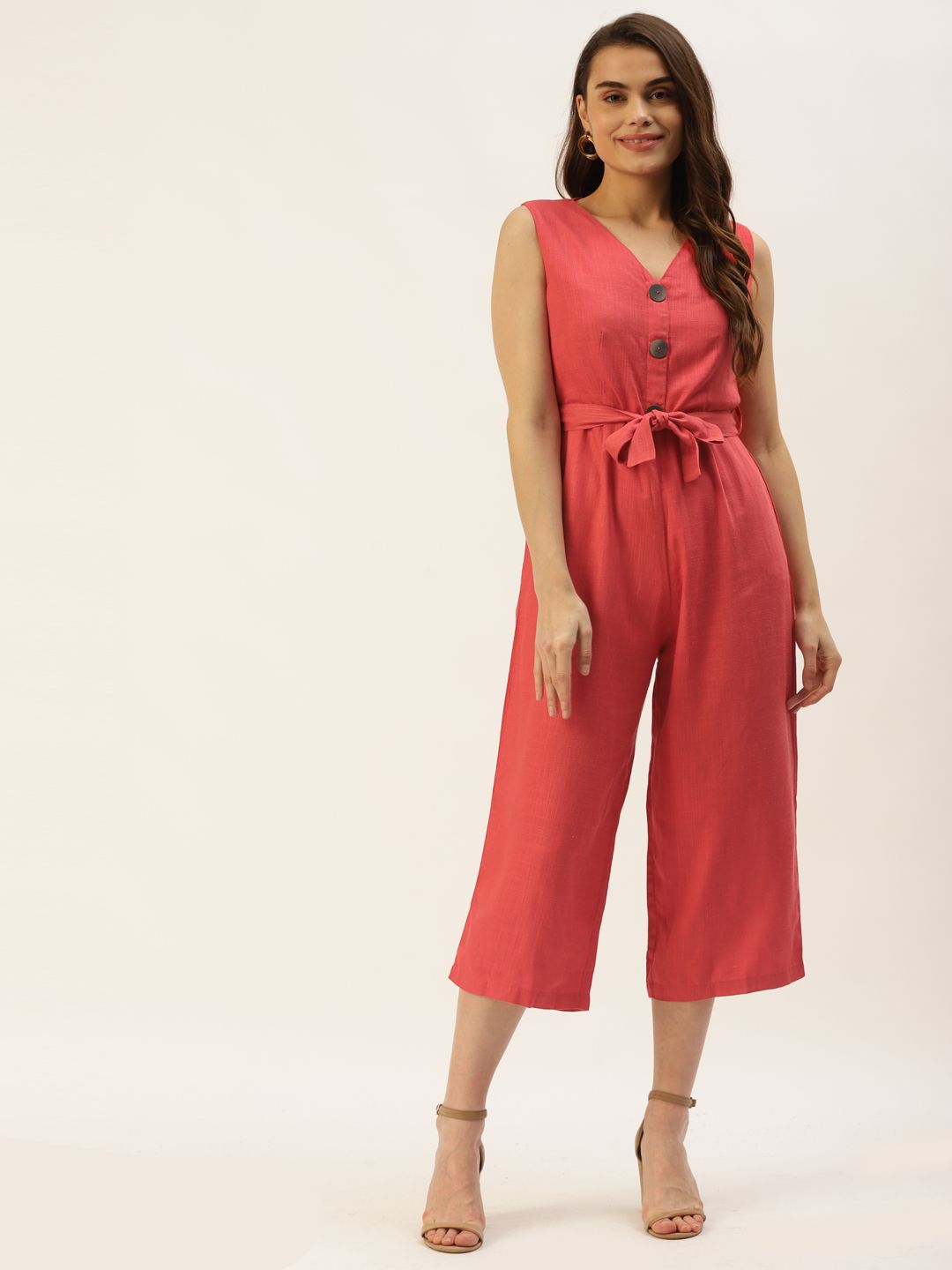 Madame Women Coral Solid Basic Jumpsuit Comes With a Belt Price in India