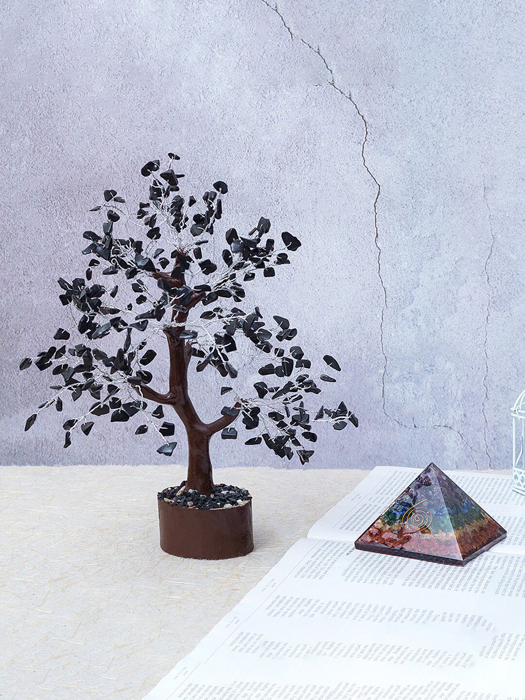 Golden Peacock Black Stone-Studded Wish Tree With Crystal 7 Chakra Pyramid Prism Price in India