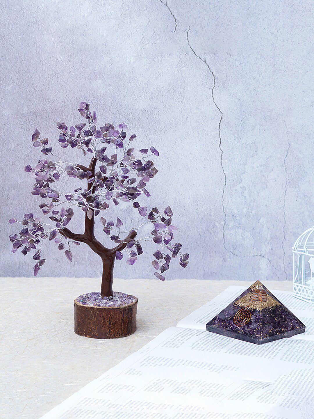 Golden Peacock Purple Crystal Stone-Studded Wish Tree With Amethyst Pyramid Prism Price in India