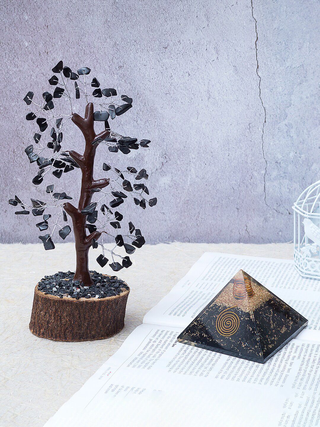 Golden Peacock Black & Brown Crystal Stone-Studded Wish Tree With Black Prism Price in India