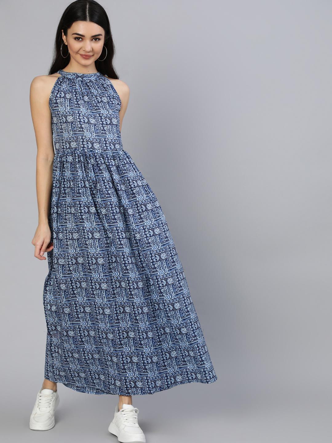 Nayo Blue Ethnic Motifs Crepe Cotton Maxi Dress Price in India
