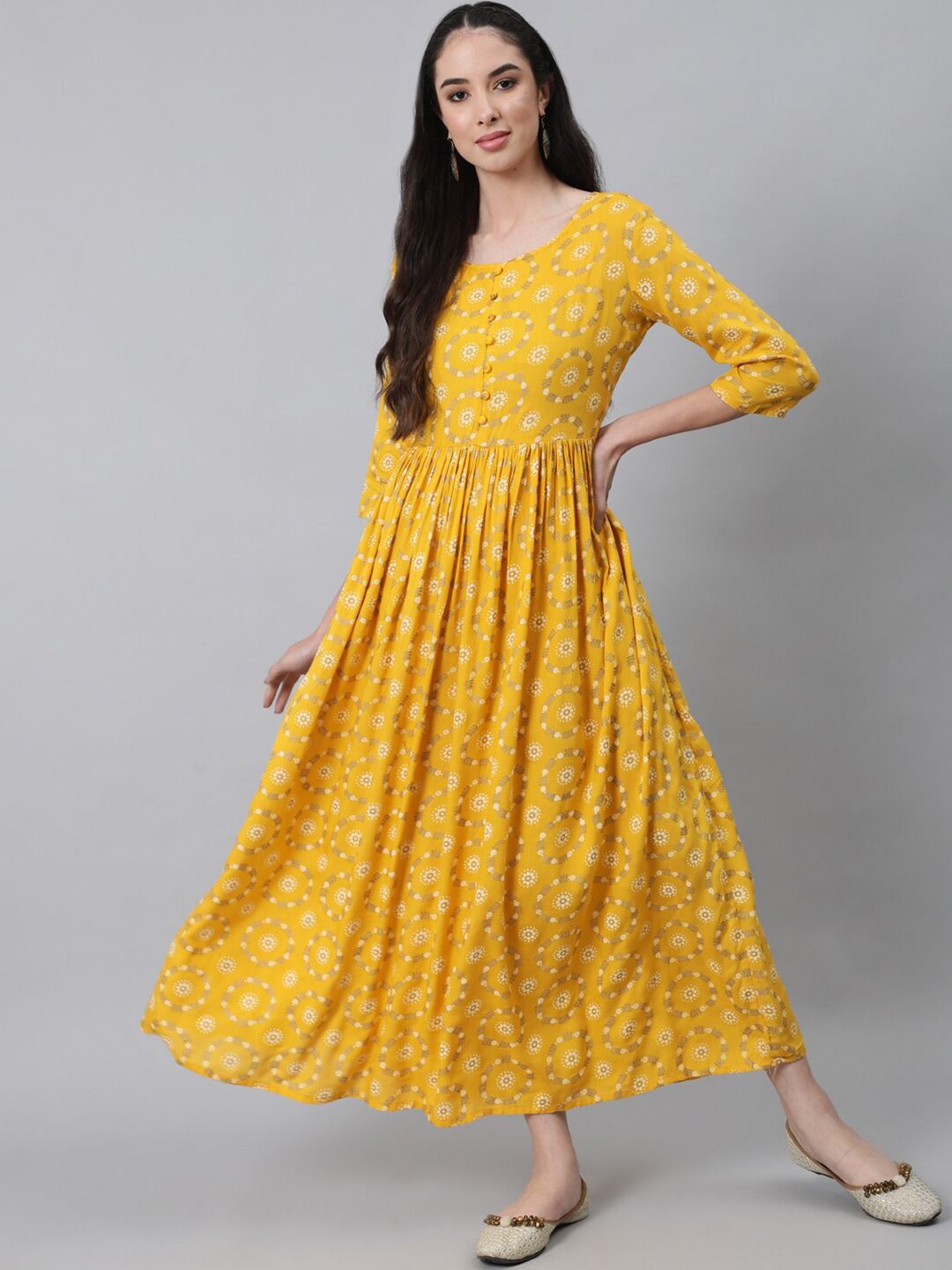 Nayo Women Yellow Ethnic Motif Printed Three Quarter Sleeves Dress Price in India