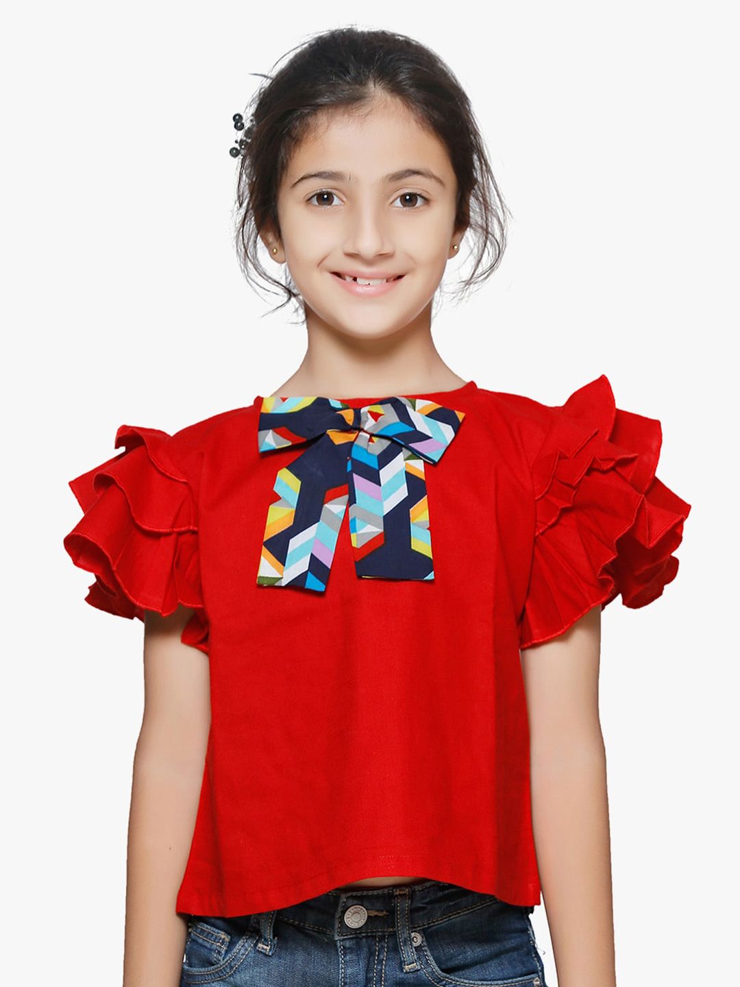 Cutiekins Girls Red Bow Detail Ruffles Top