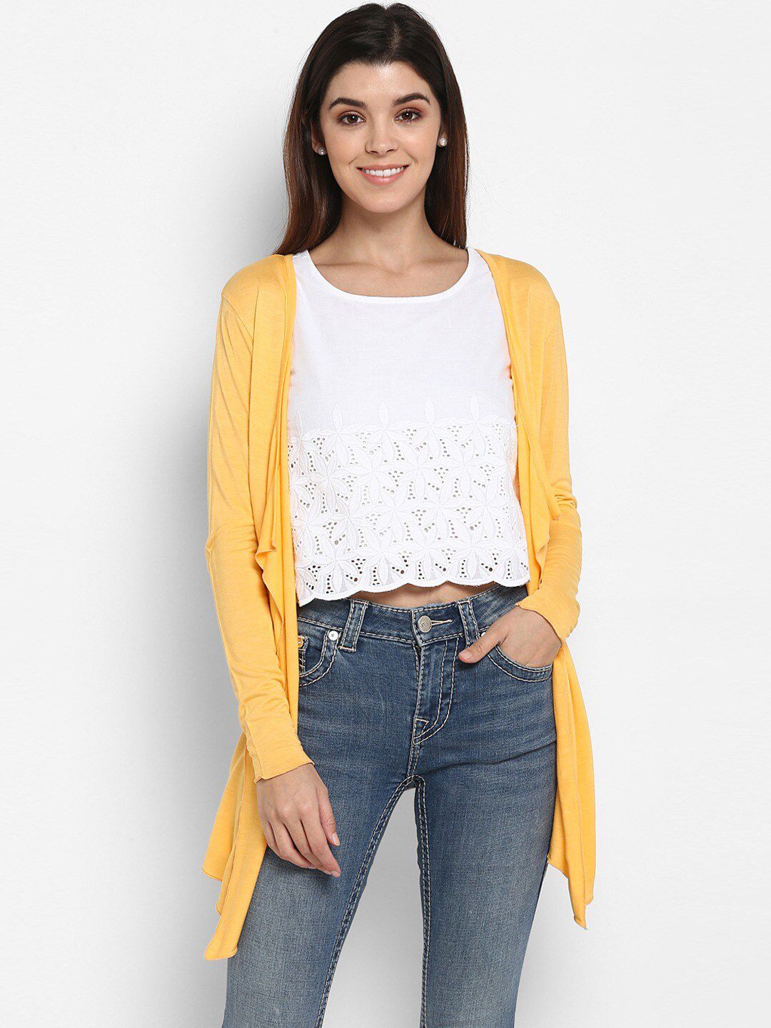 Color Cocktail Women Yellow Solid Open Front Shrug Price in India