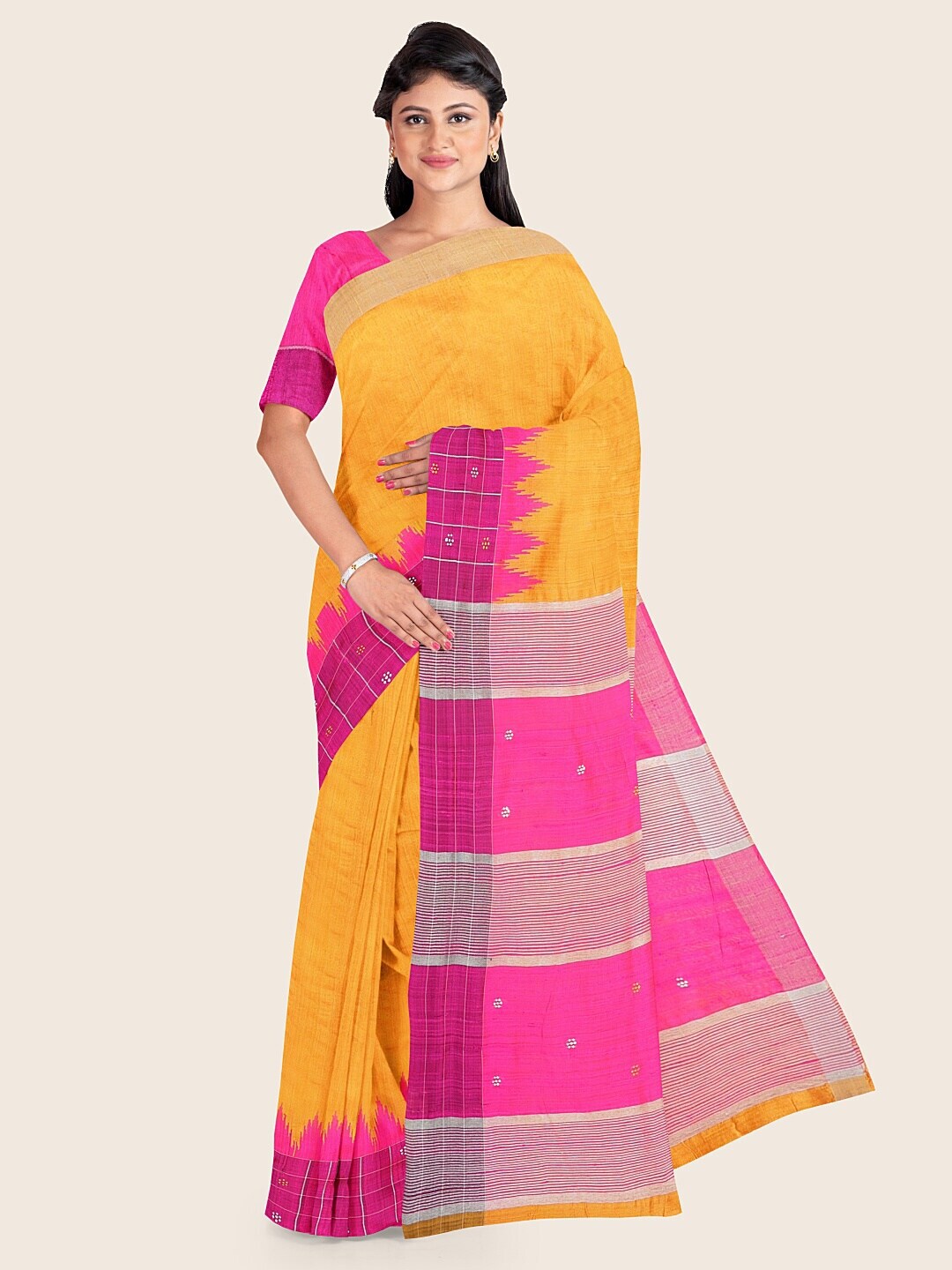 Pothys Yellow & Pink Solid Jute Silk Saree Price in India