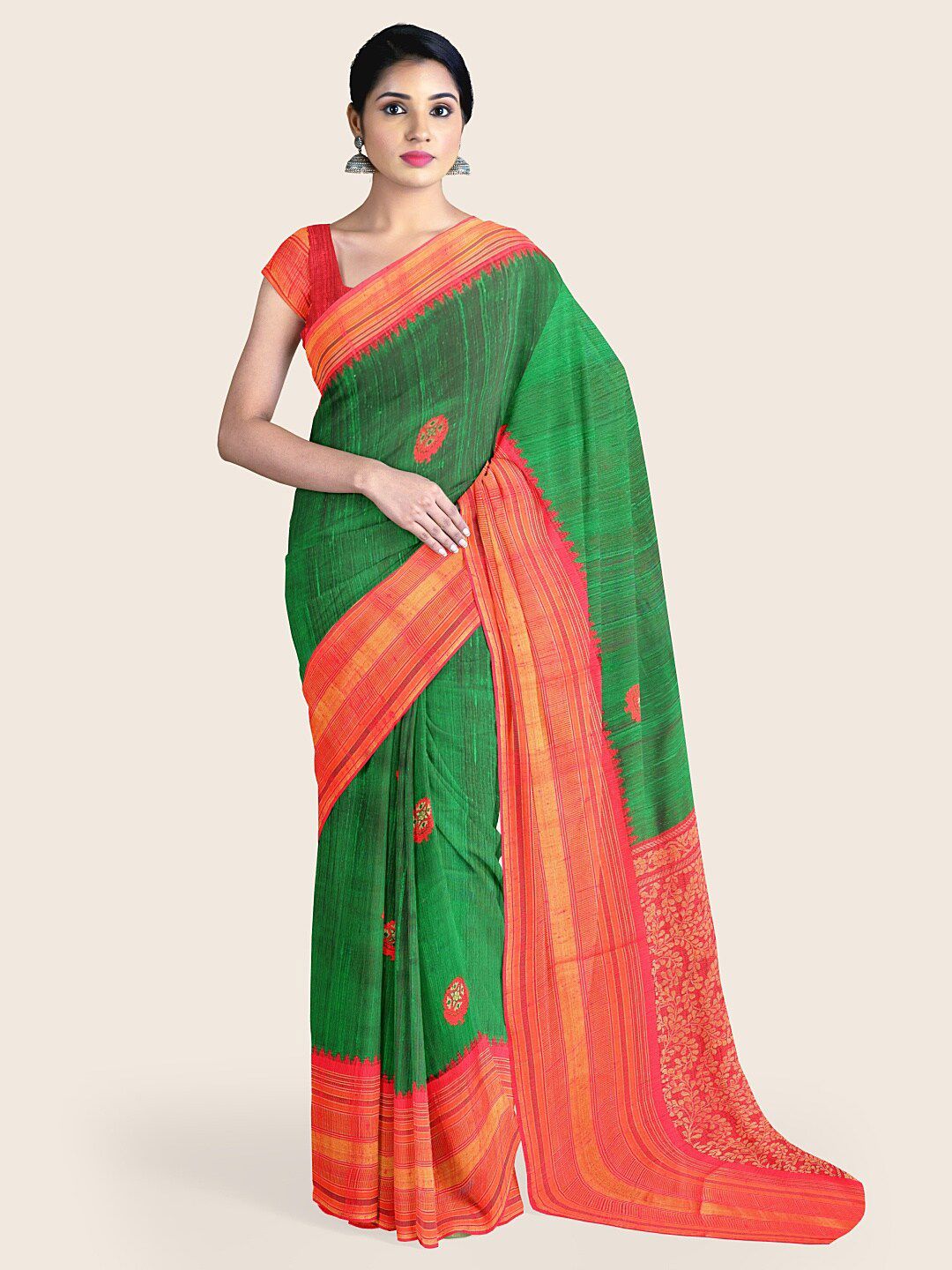 Pothys Green & Red Ethnic Motifs Jute Silk Saree Price in India