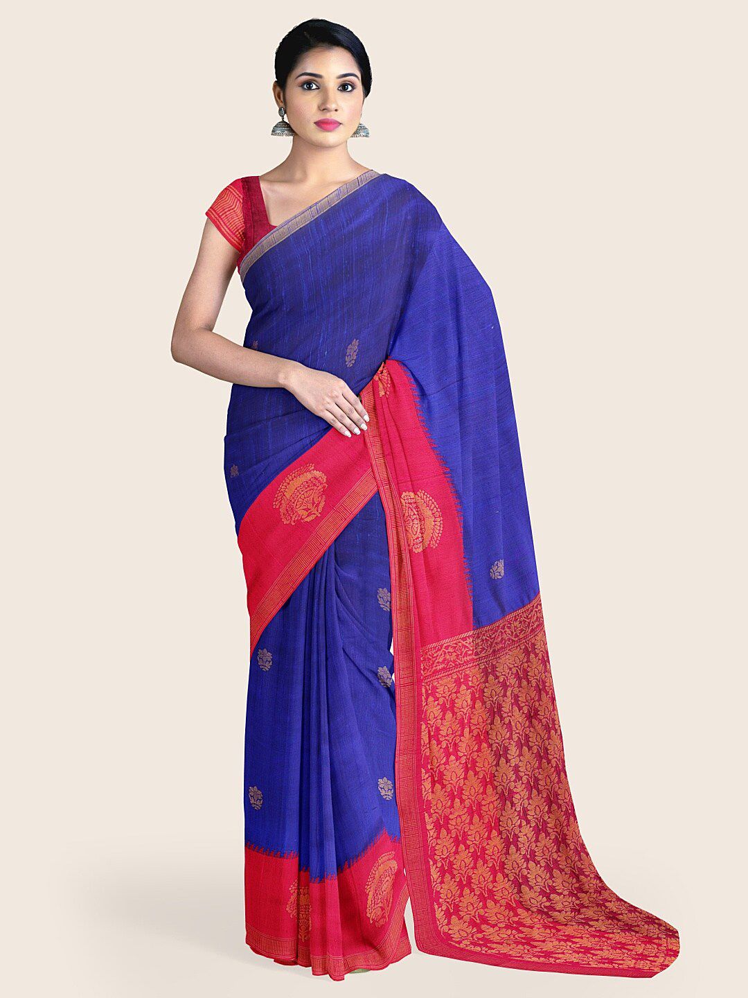 Pothys Blue & Maroon Floral Zari Jute Silk Saree Price in India